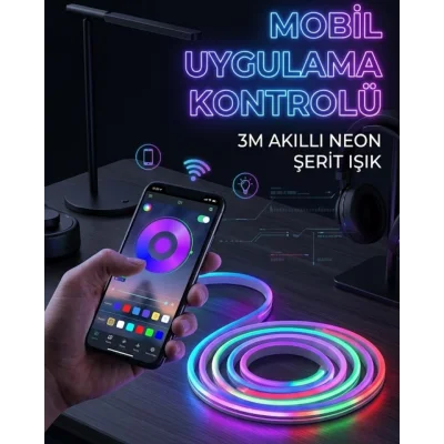 BUĞZ 3 Metre RGB Neon LED Şerit Işık Su Geçirmez Kumandalı ve Uygulama Kontrollü Dekoratif Aydınlatma