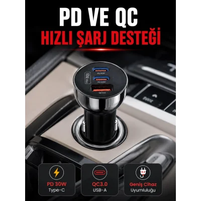 BUĞZ 3 Portlu Araç İçi Şarj Adaptörü Çift PD Type-C ve QC3.0 USB Çıkışlı