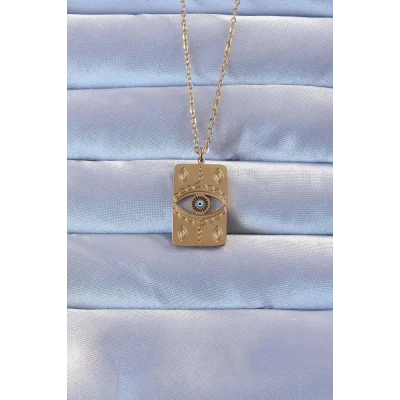 BUĞZ 316L Altın Renk İşlemeli Nazarlı Vintage Kolye