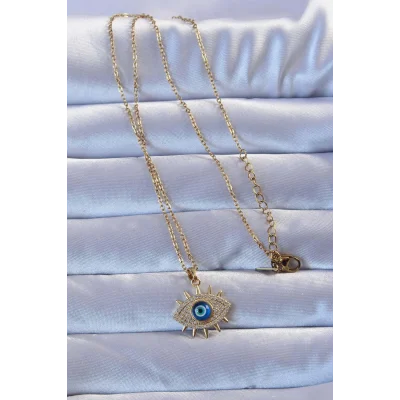 BUĞZ 316L Altın Renk Zirkon Taşlı Nazarlı Göz Kolye - Lisinya