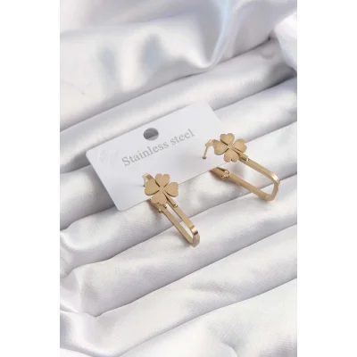 BUĞZ 316L Çelik Altın Renk Geometrik Yonca Model Küpe