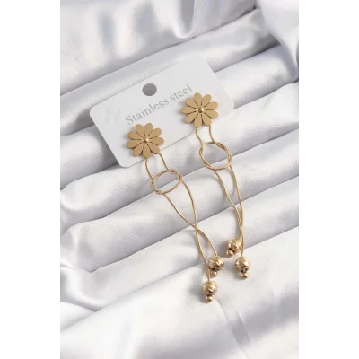 BUĞZ 316L Çelik Altın Renk Sallantılı Düğüm Model Papatya Küpe - Lisinya