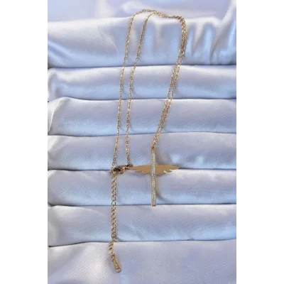 BUĞZ 316L Çelik Altın Renk Zirkon Taşlı Mikail Kolye - Lisinya