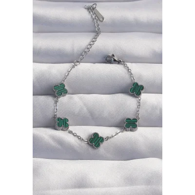 BUĞZ 316L Çelik Baby Boy Gümüş Renk Çizgili Yeşil Mineli Yonca Bileklik