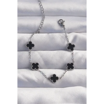 BUĞZ 316L Çelik Baby Boy Gümüş Renk Siyah Mineli Yonca Bileklik