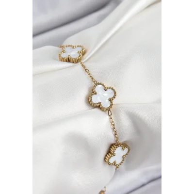 BUĞZ 316L Çelik Beyaz Sedef Yonca Model Gold Renk Kadın Bileklik