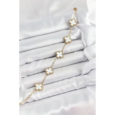 BUĞZ 316L Çelik Beyaz Sedef Yonca Model Gold Renk Kadın Bileklik - Lisinya