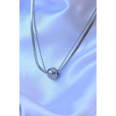 BUĞZ 316L Çelik Çift Zincirli Gümüş Renk Topçuk İtalyan Model Kolye - Lisinya