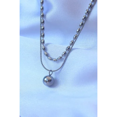 BUĞZ 316L Çelik Çift Zincirli Gümüş Renk Topçuk Model Kolye - Lisinya