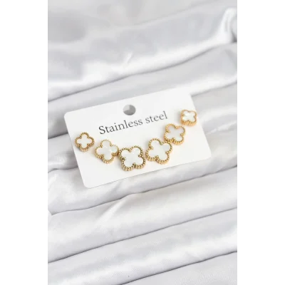 BUĞZ 316L Çelik Gold Beyaz Renk 3 Boy Yonca Küpe Seti