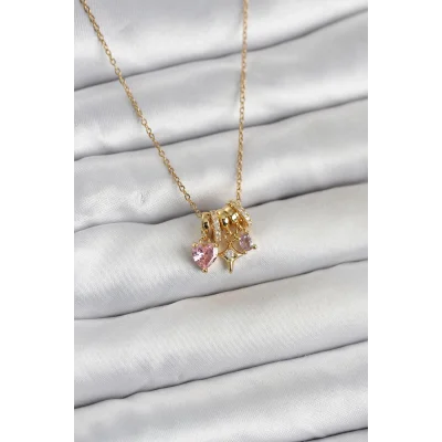 BUĞZ 316L Çelik Gold Pembe Zirkon Taşlı Charmlı Kadın Kolye