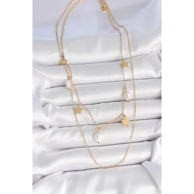 BUĞZ 316L Çelik Gold Renk 2Li Zincir Sallantı Yıldız İnci Model Kadın Kolye - BUĞZ