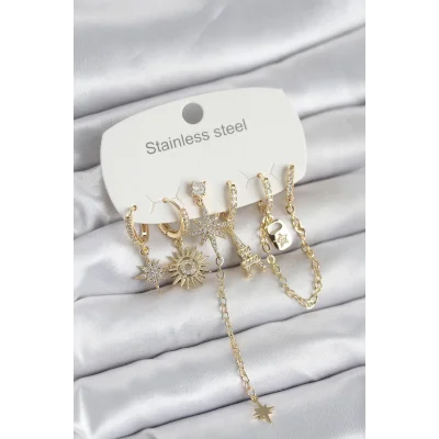 BUĞZ 316L Çelik Gold Renk 6lı Set Charmlı Kadın Küpe