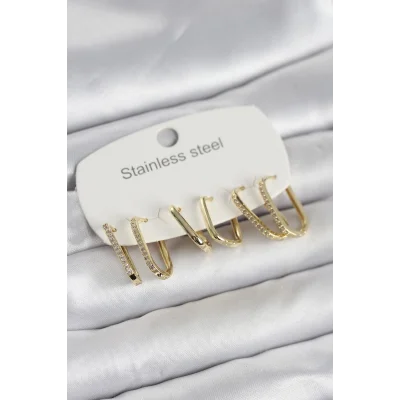 BUĞZ 316L Çelik Gold Renk 6lı Set Geometrik Model Kadın Küpe