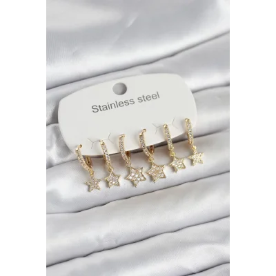 BUĞZ 316L Çelik Gold Renk 6lı Set Yıldız Model Kadın Küpe
