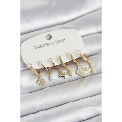 BUĞZ 316L Çelik Gold Renk 6lı Set Yonca Model Kadın Küpe