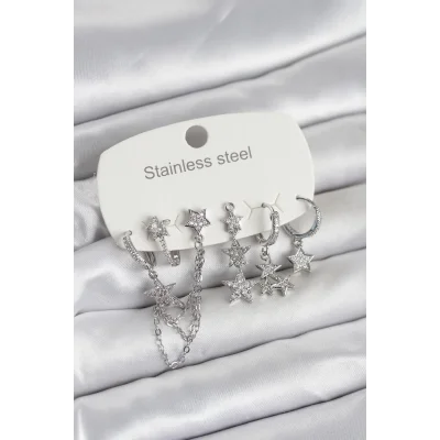 BUĞZ 316L Çelik Gold Renk 6lı Set Zincirli Yıldız Modelli Kadın Küpe
