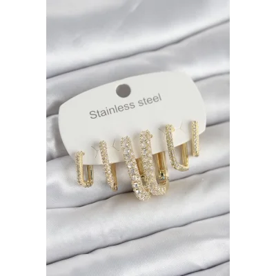BUĞZ 316L Çelik Gold Renk 6lı Set Zirkon Taşlı Kadın Küpe