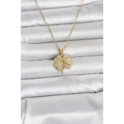BUĞZ 316L Çelik Gold Renk Açılabilir Yonca Model Zirkon Taşlı Kadın Kolye