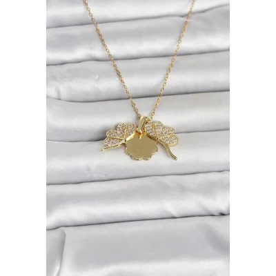 BUĞZ 316L Çelik Gold Renk Açılabilir Yonca Model Zirkon Taşlı Kadın Kolye - BUĞZ