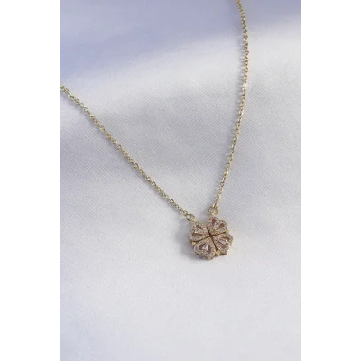 BUĞZ 316L Çelik Gold Renk Açılır Zirkon Taşlı Yonca Model Kadın Kolye