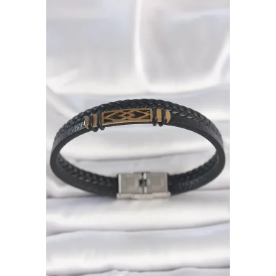 BUĞZ 316L Çelik Gold Renk Aksesuarlı Çift Sıra Siyah Burgu Desenli Deri Kordon Erkek Bileklik