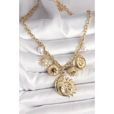 BUĞZ 316L Çelik Gold Renk Ay Güneş Figür Deniz Kabuğu Detay Kadın Kolye