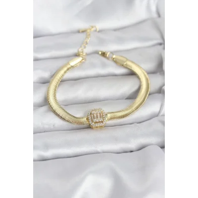 BUĞZ 316L Çelik Gold Renk Baget Zirkon Taşlı Yılan Zincirli Kadın Bileklik
