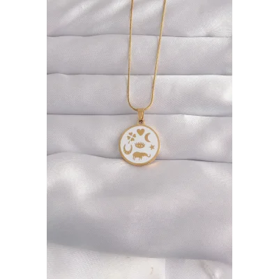 BUĞZ 316L Çelik Gold Renk Beyaz Mineli Karışık Figürlü Tarot Kolye