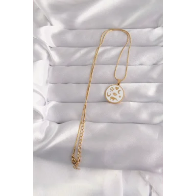 BUĞZ 316L Çelik Gold Renk Beyaz Mineli Karışık Figürlü Tarot Kolye - Lisinya