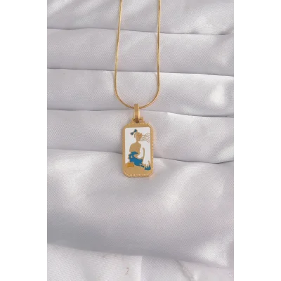 BUĞZ 316L Çelik Gold Renk Beyaz Mineli Kız Figür Tarot Kolye