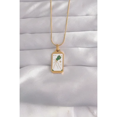 BUĞZ 316L Çelik Gold Renk Beyaz Mineli Tarot Kolye