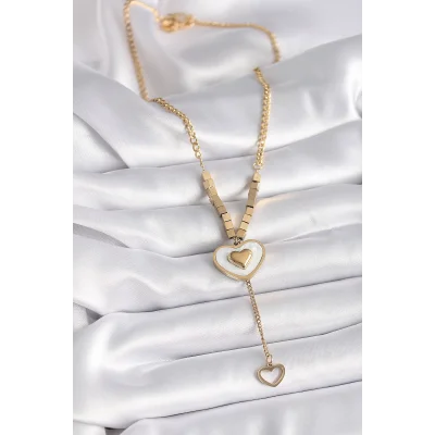 BUĞZ 316L Çelik Gold Renk Beyaz Sedefli Kalp Model Sallantı Detay Kadın Kolye - BUĞZ