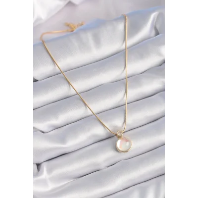 BUĞZ 316L Çelik Gold Renk Beyaz Sedefli Vintage Kadın Kolye - Lisinya