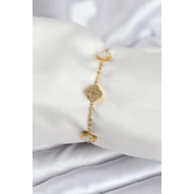 BUĞZ 316L Çelik Gold Renk Beyaz ve Zirkon Taşlı Baby Boy Yonca Kadın Bileklik