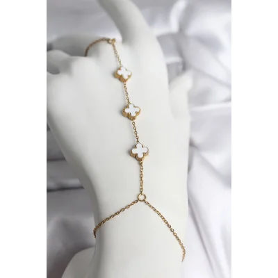 BUĞZ 316L Çelik Gold Renk Beyaz Yonca Model Kadın Şahmeran