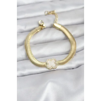 BUĞZ 316L Çelik Gold Renk Beyaz Yonca Model Zirkon Taşlı Yılan Zincirli Kadın Bileklik