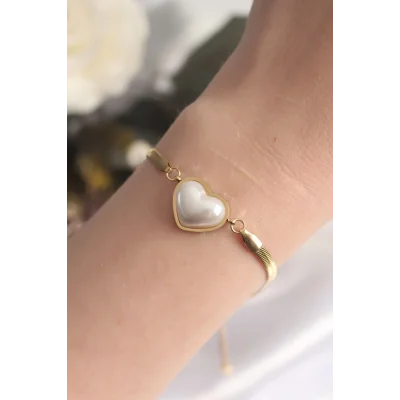 BUĞZ 316L Çelik Gold Renk Bombeli Kalp Kadın Bileklik - Lisinya