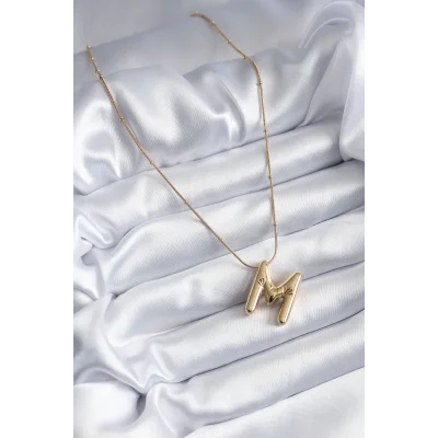 BUĞZ 316L Çelik Gold Renk Bubble M Harf Model Kadın Kolye - Lisinya