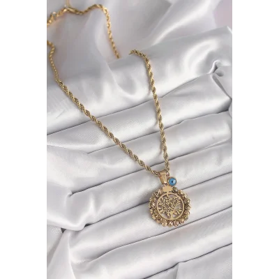 BUĞZ 316L Çelik Gold Renk Burgu Zincir Dorika Yaşam Ağacı Figür Nazar Boncuk Detay Kadın Kolye - Lisinya