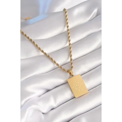 BUĞZ 316L Çelik Gold Renk Burgu Zincir Kutup Yıldızı İşleme Plaka Figür Kadın Kolye - Lisinya