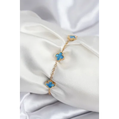 BUĞZ 316L Çelik Gold Renk Buz Mavisi Baby Boy Yonca Kadın Bileklik