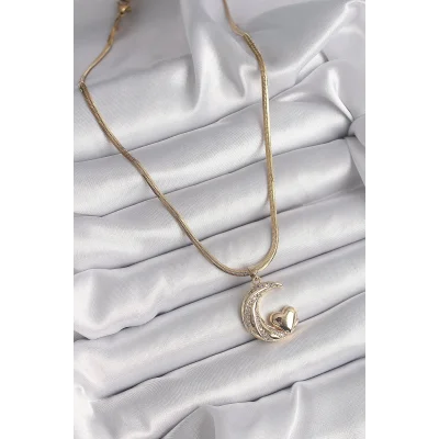 BUĞZ 316L Çelik Gold Renk Çelik İtalyan Zincir Zirkon Taşlı Halil Figür Kalp Detay Kadın Kolye - BUĞZ