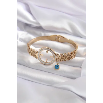 BUĞZ 316L Çelik Gold Renk Çeyrek Takılabilen Zirkon Taş Detay Kadın Kelepçe - Lisinya