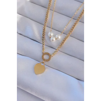 BUĞZ 316L Çelik Gold Renk Çift Zincir İnci Detayı Love Kalp Kolye