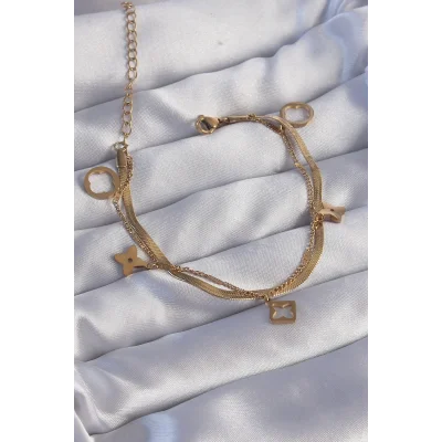 BUĞZ 316L Çelik Gold Renk Çift Zincir Yonca Tasarım Bileklik