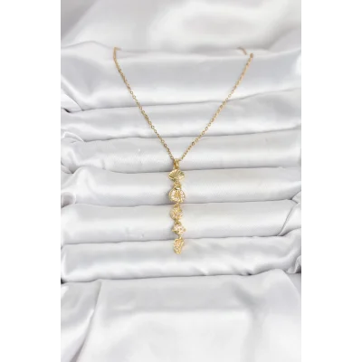 BUĞZ 316L Çelik Gold Renk Deniz Temalı Y Model Zirkon Taşlı Kadın Kolye - BUĞZ
