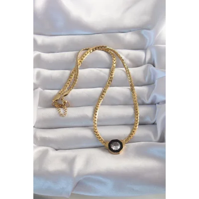 BUĞZ 316L Çelik Gold Renk Ezme Zincir Zirkon Taşlı Mineli Serenay Kolyesi - BUĞZ