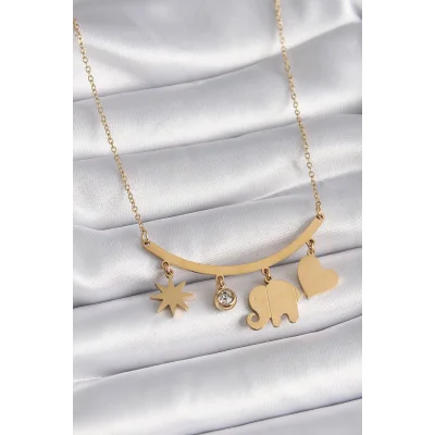 BUĞZ 316L Çelik Gold Renk Fil Figür Zirkon Taş Detay Kadın Kolye