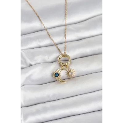 BUĞZ 316L Çelik Gold Renk Gece Gündüz Tema Charmlı Kadın Kolye